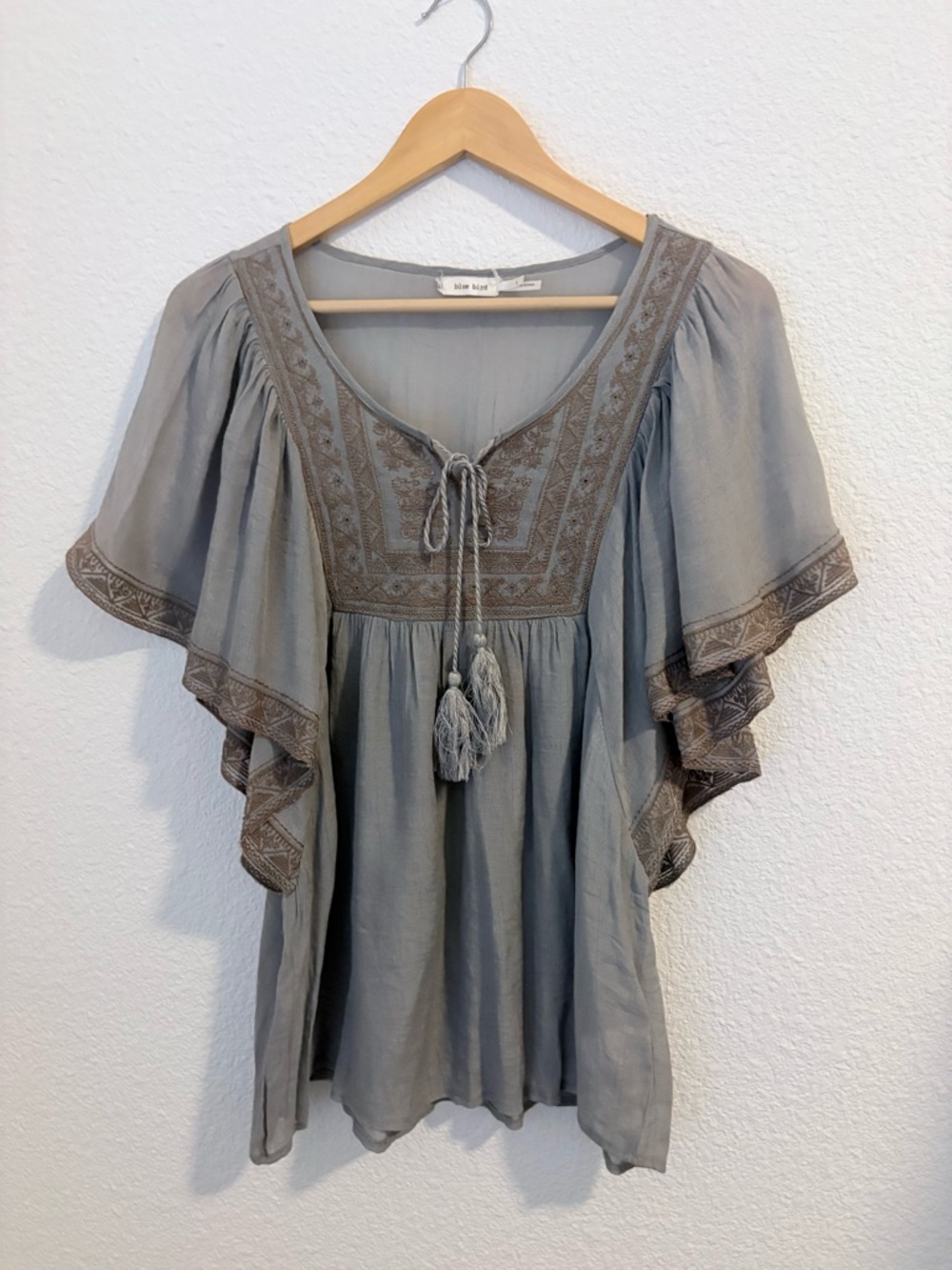 Blue Bird Gray Embroidered Tassel Peasant Top